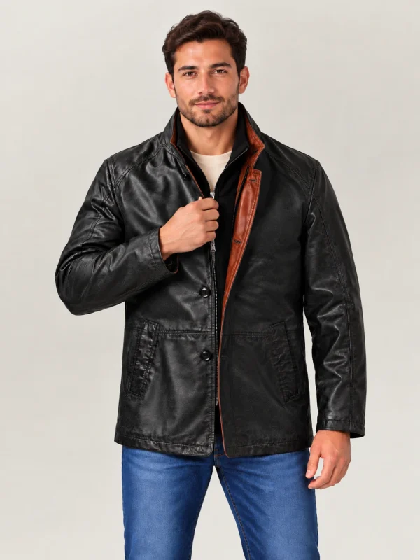 Men's Black Washed Car Coat with Contrast Placket