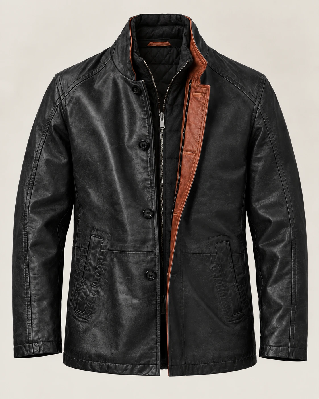 Men's Black Washed Car Coat with Contrast Placket