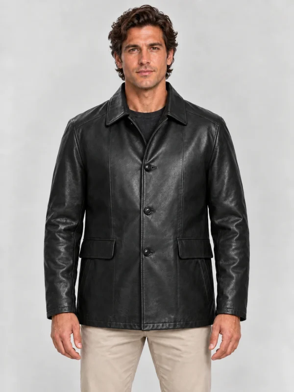 Men's Black Premium Four Button Car Leather Coat