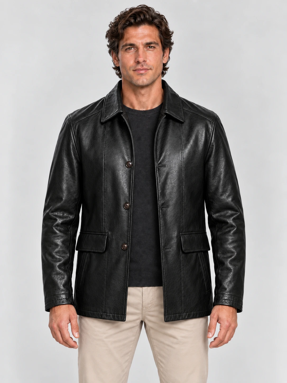 Men's  Black Premium Four Button Car Leather Coat