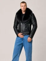 Men's Black Biker Ribbles Leather Jacket