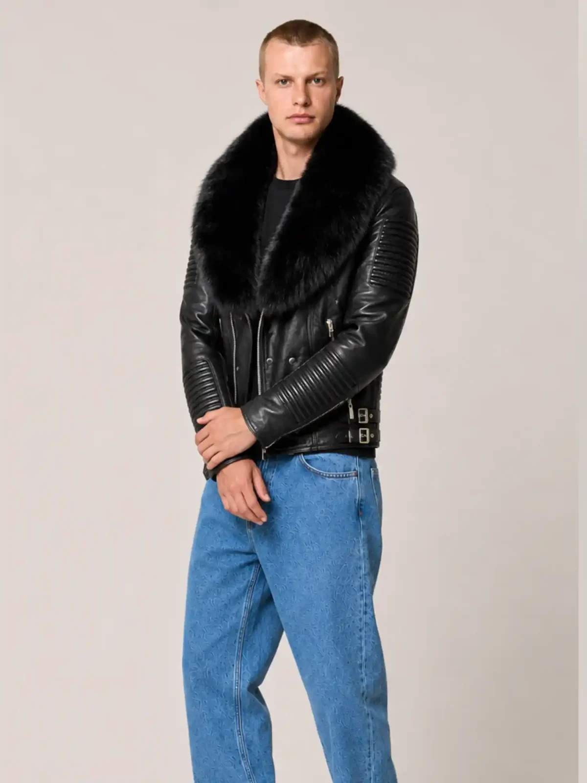 Men's Black Biker Ribbles Leather Jacket