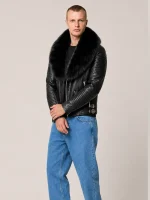 Men's Black Biker Ribbles Leather Jacket