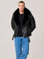 Men's Black Biker Ribbles Leather Jacket