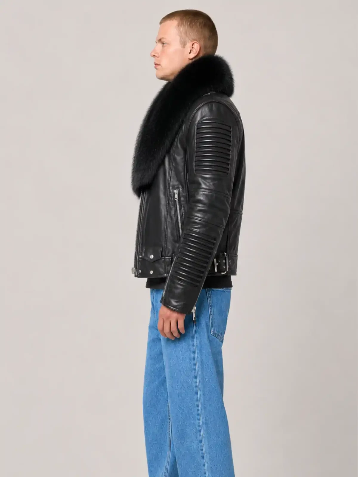 Men's Black Biker Ribbles Leather Jacket