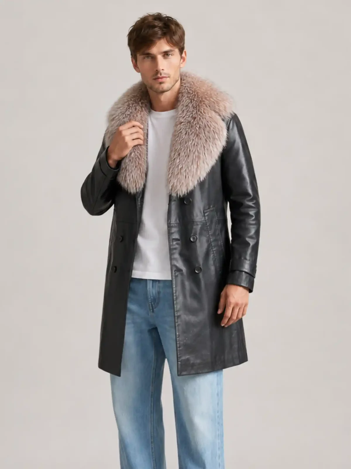 Men's Trench 3/4 Black Leather Peacoat