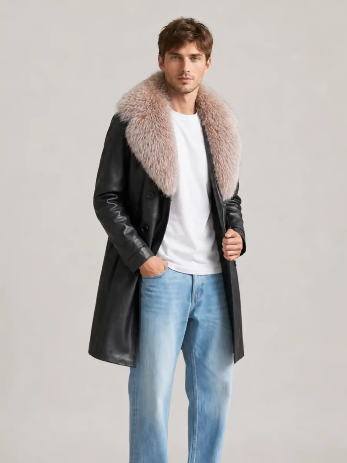 Men's Trench 3/4 Black Leather Peacoat