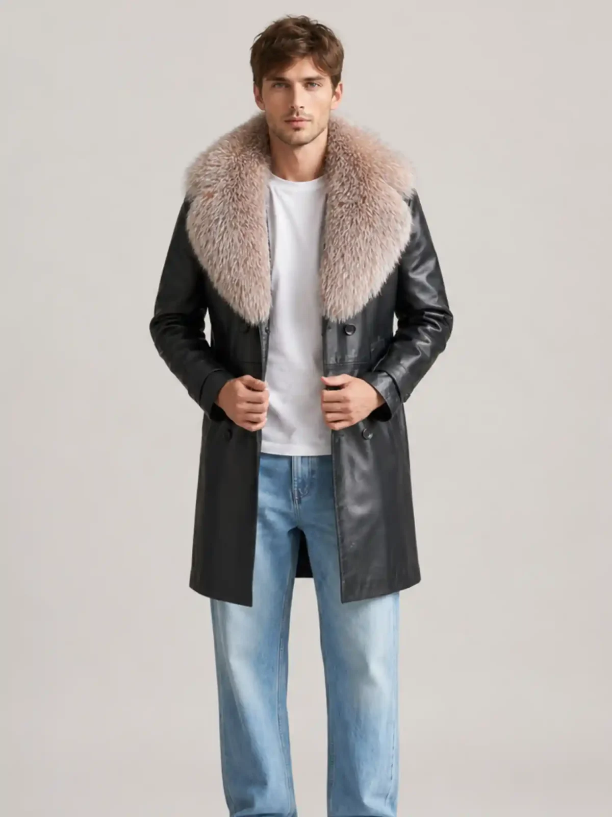 Men's Trench 3/4 Black Leather Peacoat