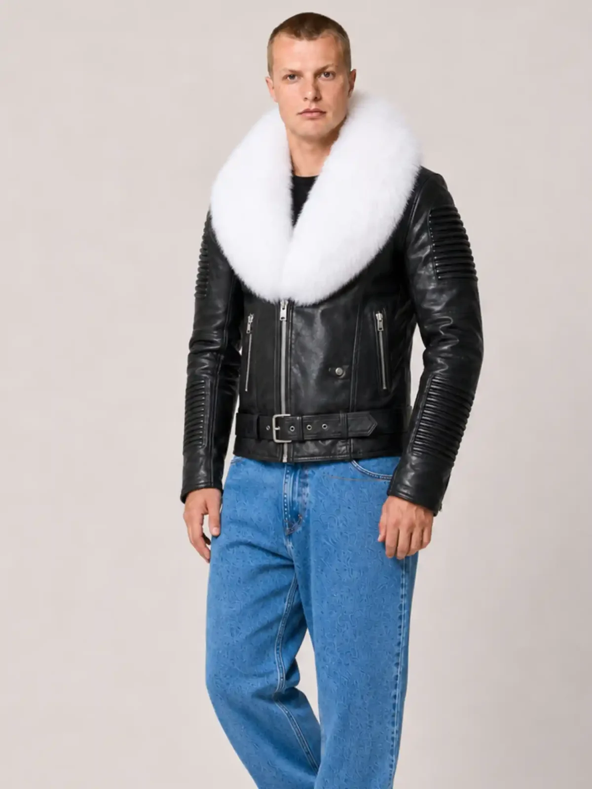 Men's Black White Fur Biker Ribbles Leather Jacket