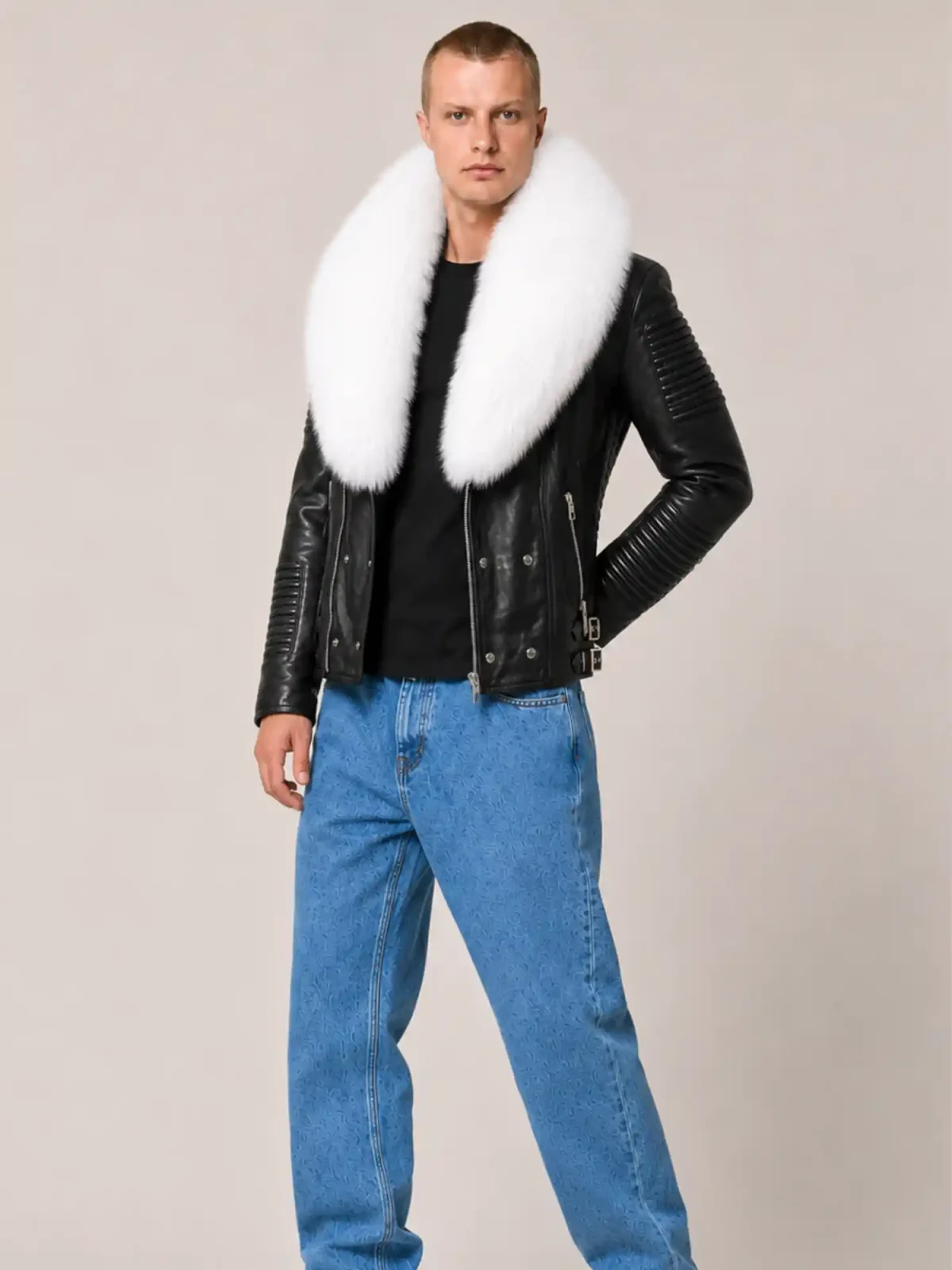 Men's Black White Fur Biker Ribbles Leather Jacket
