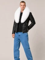 Men's Black White Fur Biker Ribbles Leather Jacket