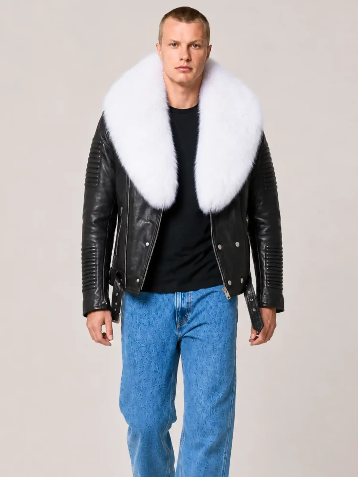 Men's Black White Fur Biker Ribbles Leather Jacket