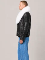 Men's Black White Fur Biker Ribbles Leather Jacket