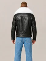 Men's Black White Fur Biker Ribbles Leather Jacket
