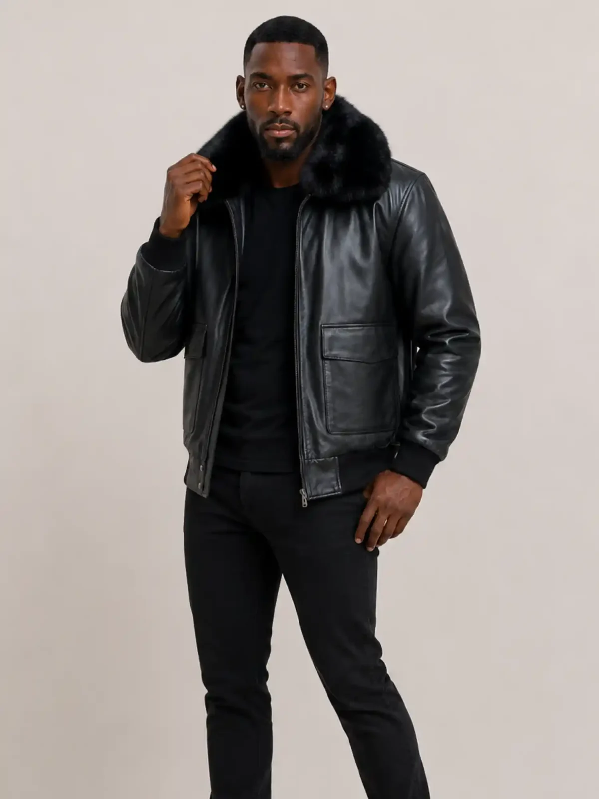 Men's Black Flight Bomber Leather jacket With Fur