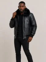 Men's Black Flight Bomber Leather jacket With Fur