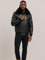 Men's Black Flight Bomber Leather jacket With Fur