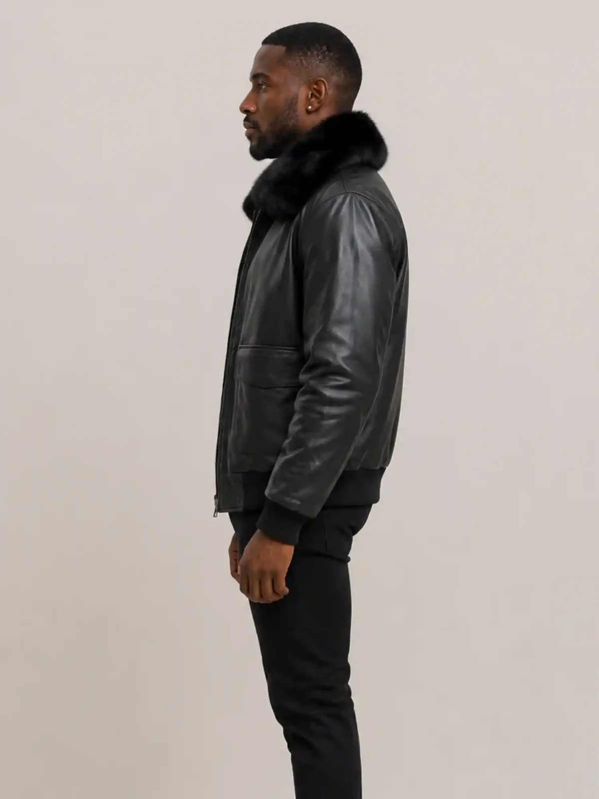 Men's Black Flight Bomber Leather jacket With Fur