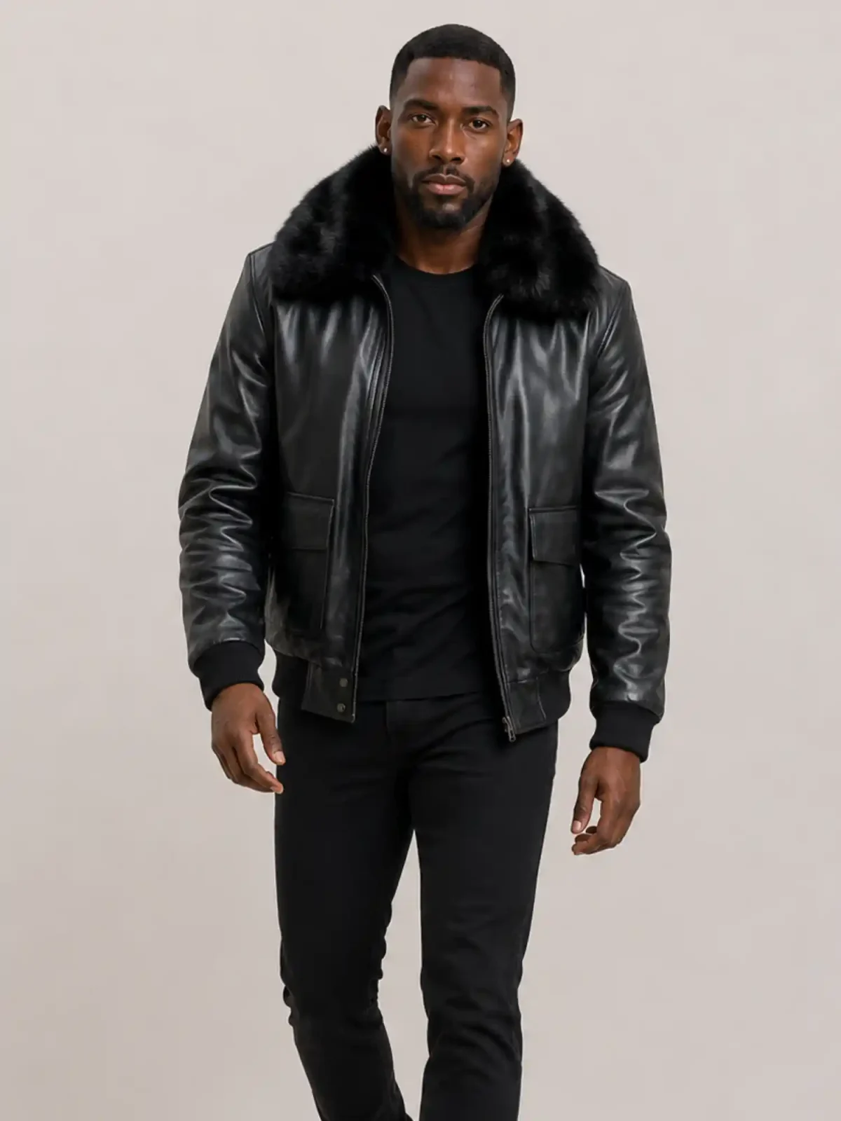 Men's Black Flight Bomber Leather jacket With Fur
