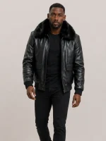 Men's Black Flight Bomber Leather jacket With Fur