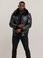 Men's Black Flight Bomber Leather jacket With Fur
