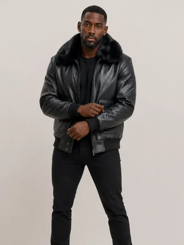 Men's Black Flight Bomber Leather jacket With Fur