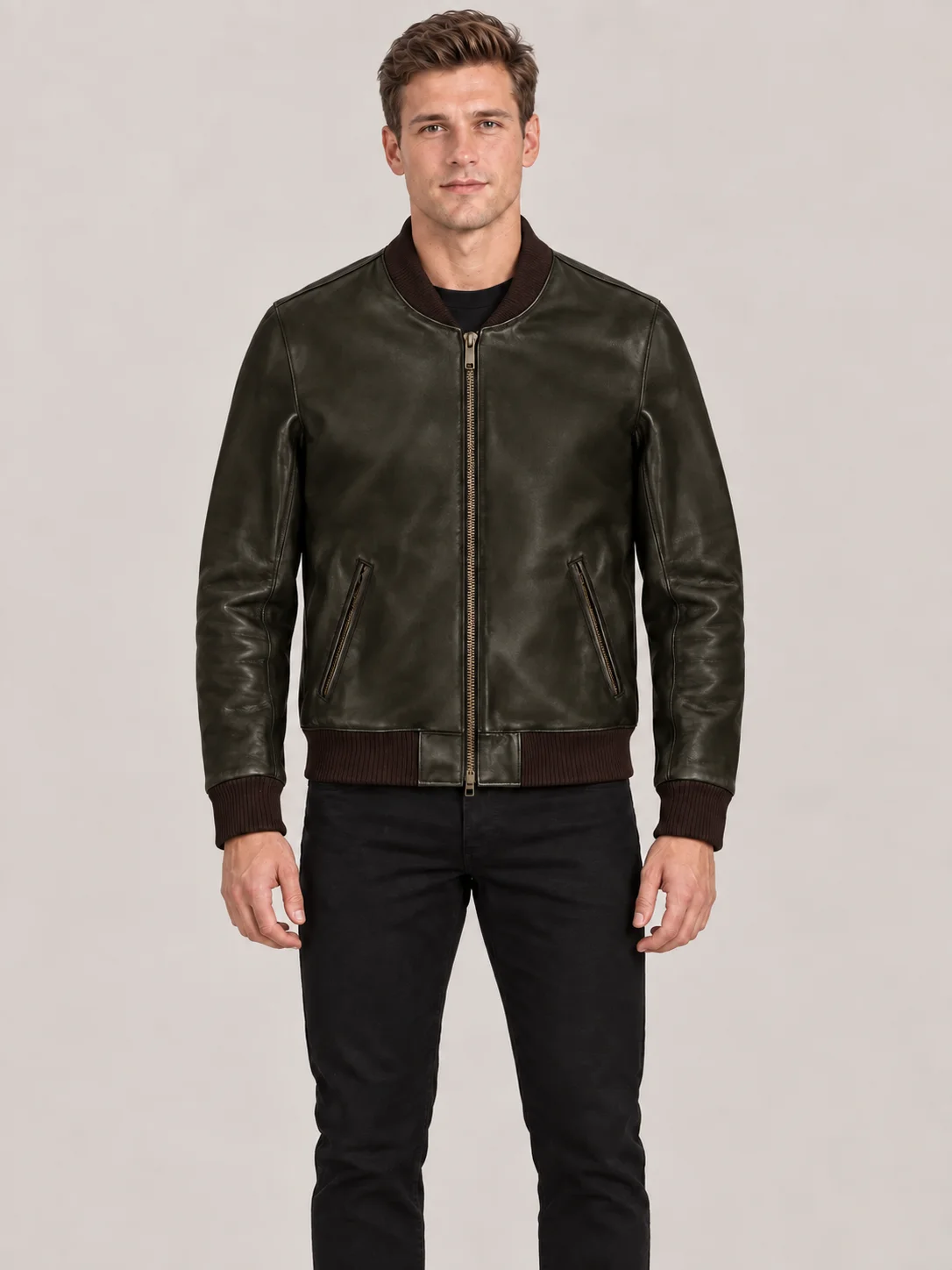 Men's Dark Olive Suede Bomer leather jacket