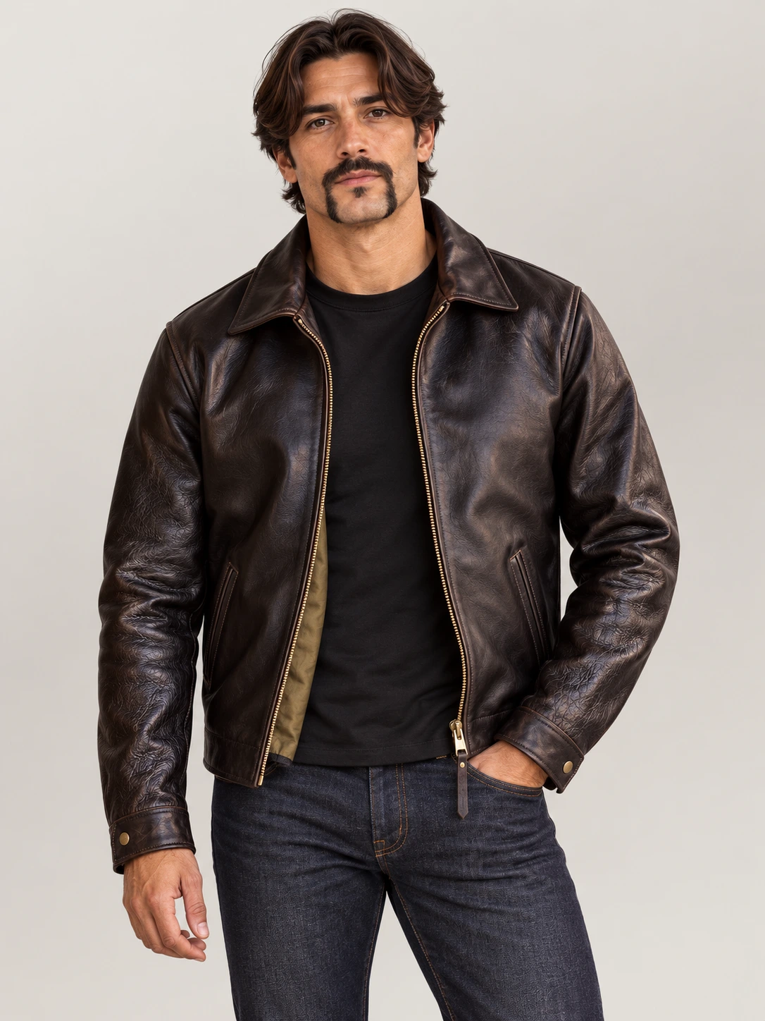 Men's Classic Brown Bomber Cowhide Leather Jacket