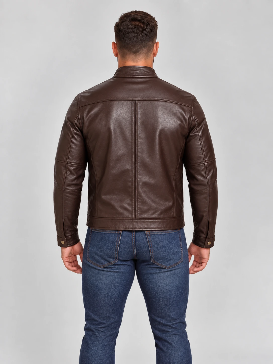 Men's Brown Stand UP Collar Genuine Leather Jacket