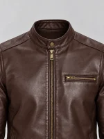 Men's Brown Stand UP Collar Genuine Leather Jacket