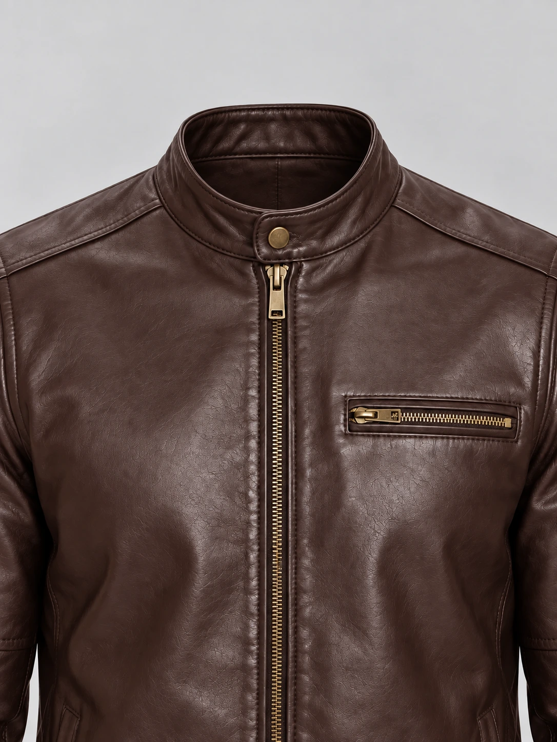 Men's Brown Stand UP Collar Genuine Leather Jacket