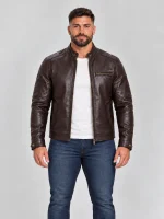 Men's Brown Stand UP Collar Genuine Leather Jacket