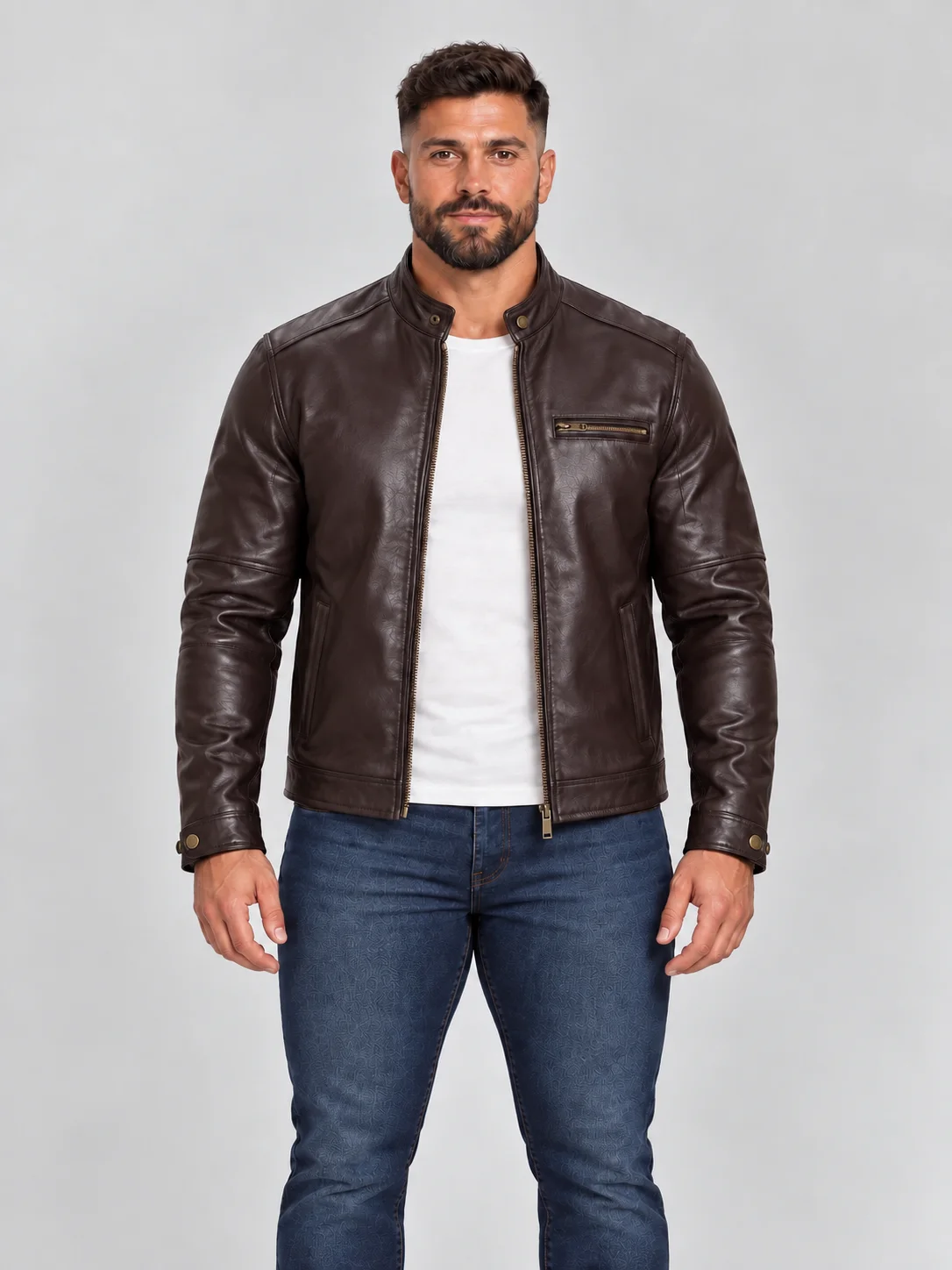 Men's Brown Stand UP Collar Genuine Leather Jacket