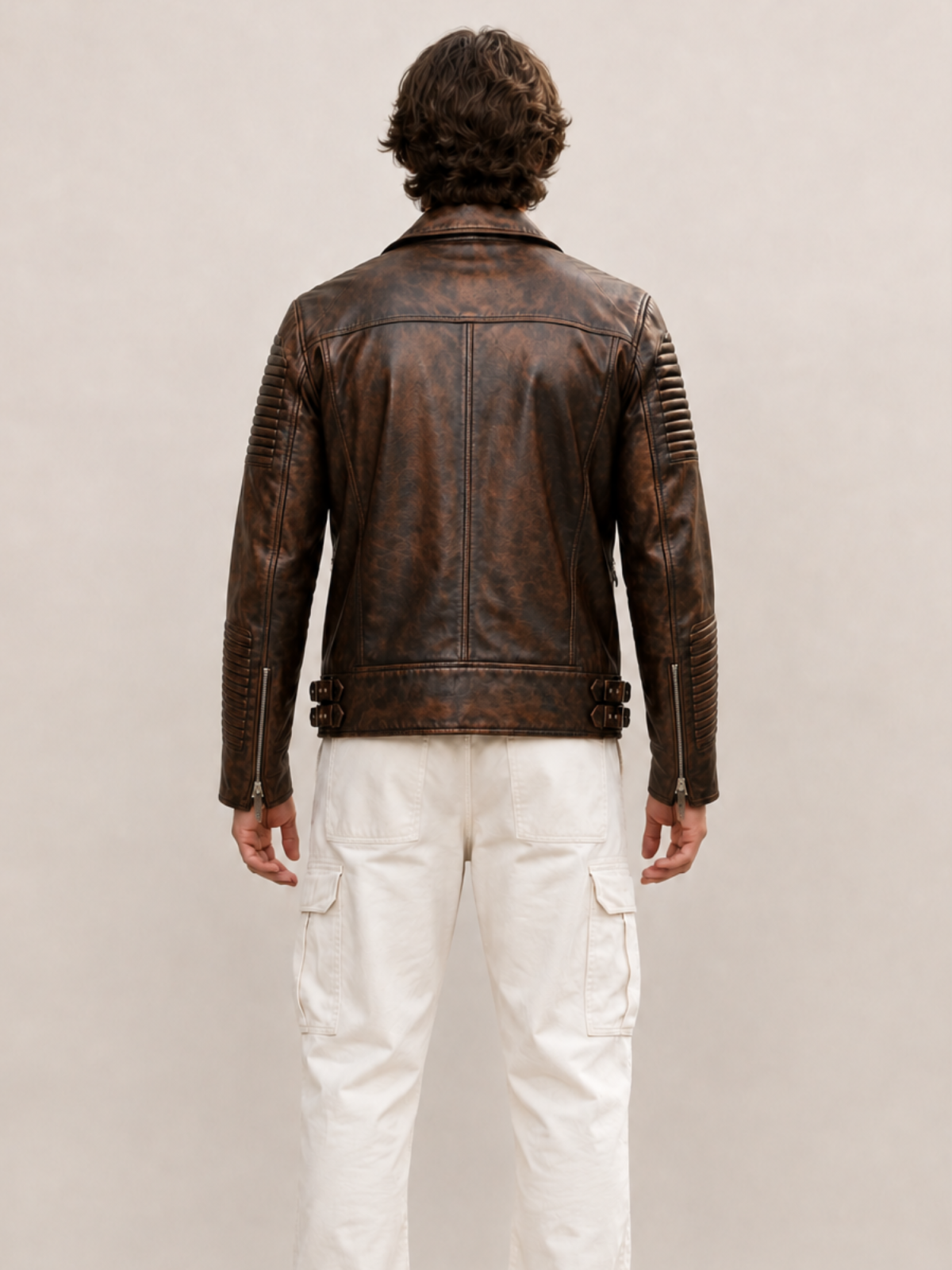 Men's Waxed Brown Ribbles Biker Leather Jacket