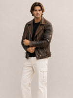 Men's Waxed Brown Ribbles Biker Leather Jacket