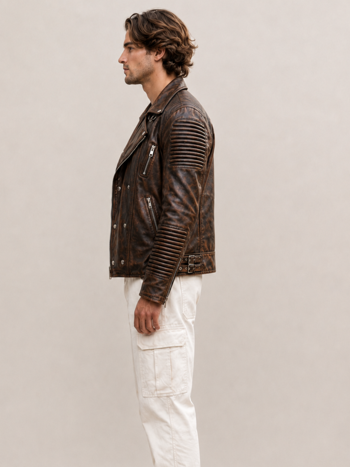 Men's Waxed Brown Ribbles Biker Leather Jacket