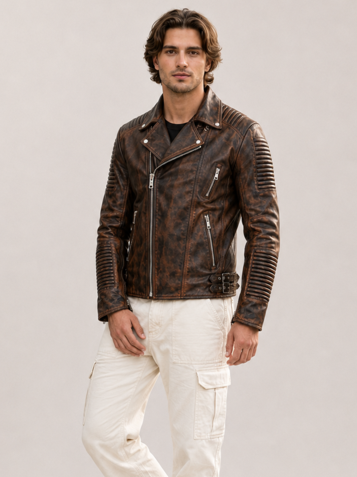 Men's Waxed Brown Ribbles Biker Leather Jacket