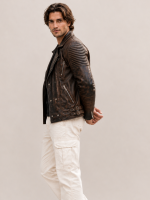 Men's Waxed Brown Ribbles Biker Leather Jacket