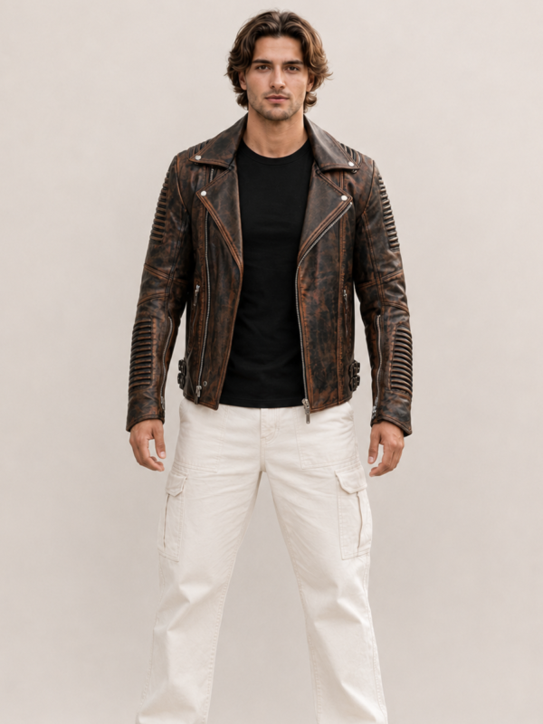 Men's Waxed Brown Ribbles Biker Leather Jacket