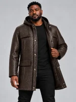 Men's Brown Hooded Parka Coat with Zip