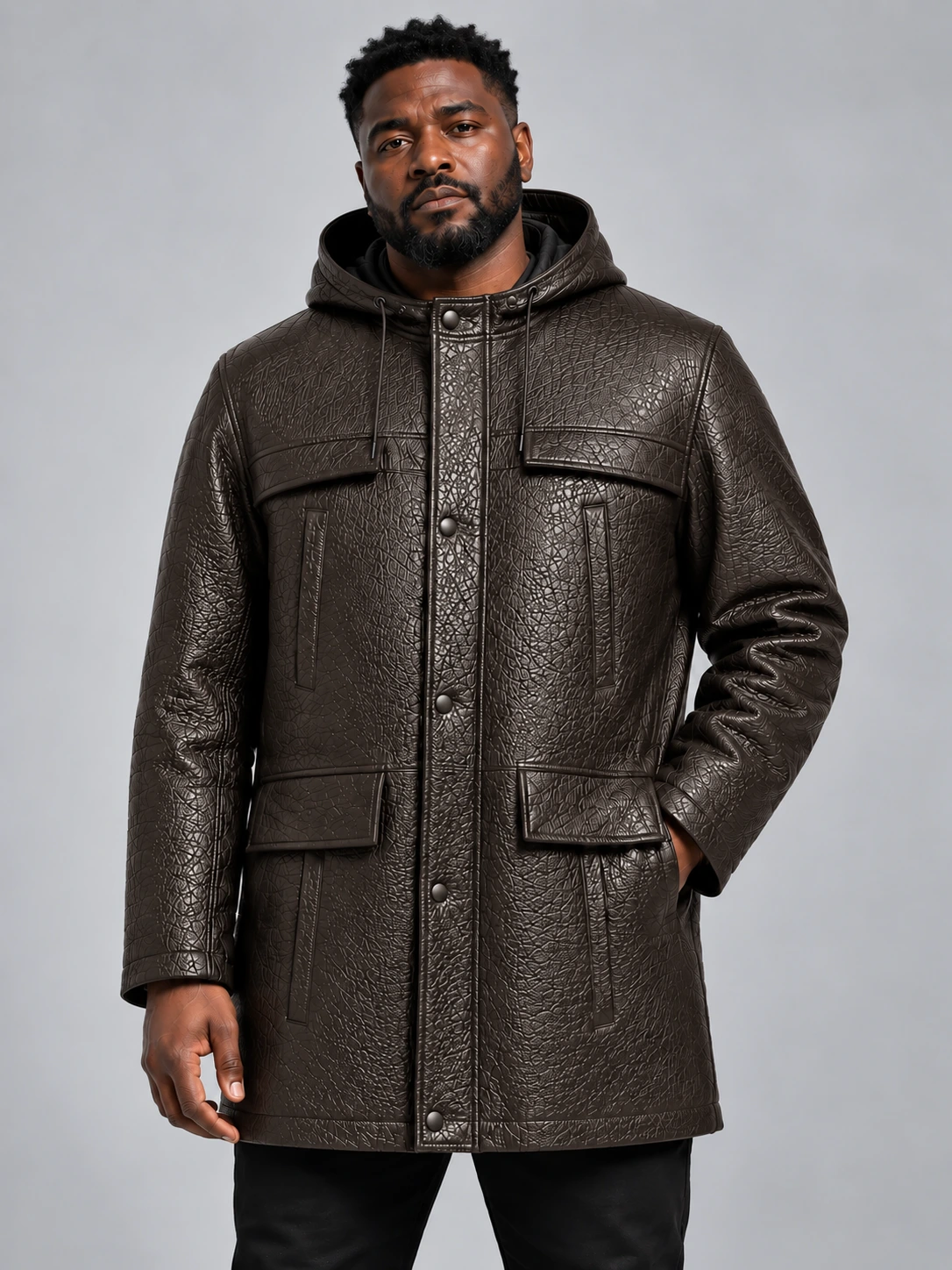 Men's Brown Hooded Parka Coat with Zip
