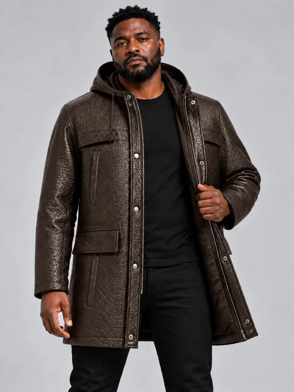 Men's Brown Hooded Parka Coat with Zip