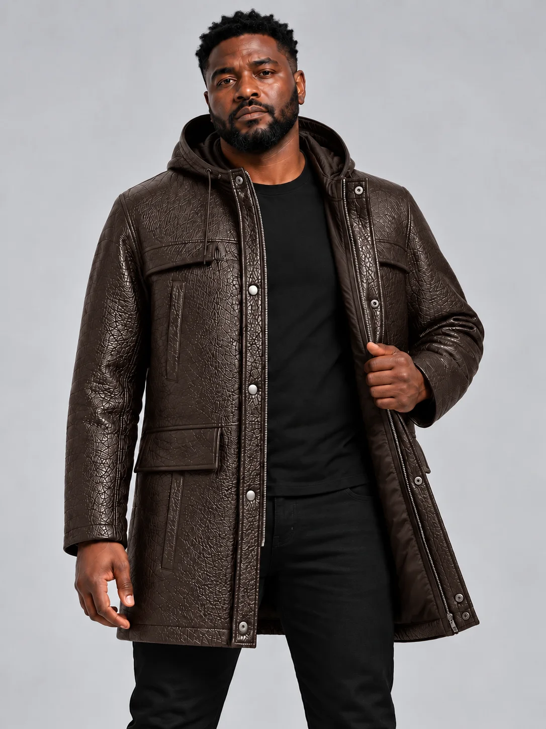 Men's Brown Hooded Parka Coat with Zip