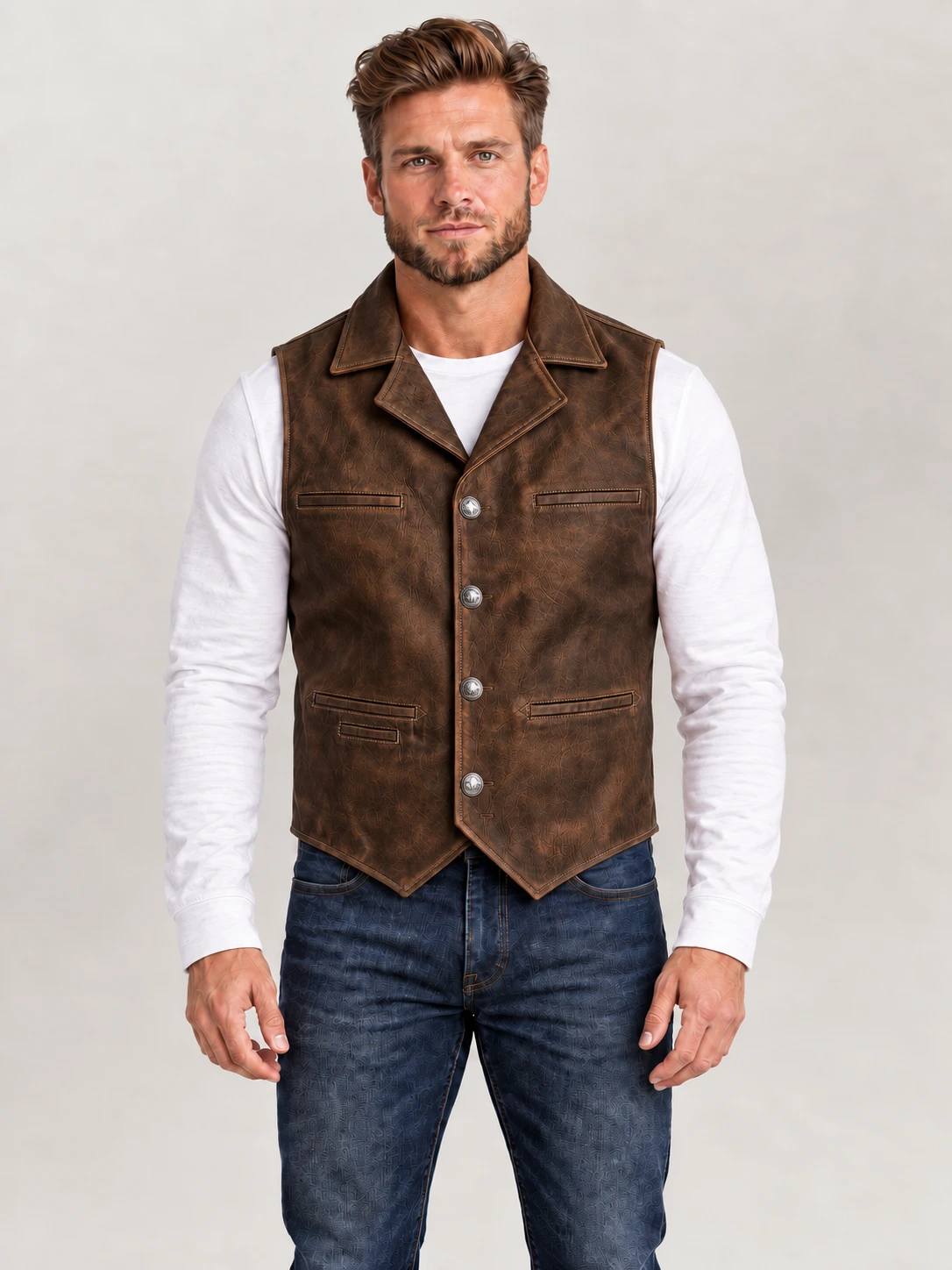 Men’s Brown Nubuck Bison Ranchers Leather Vest
