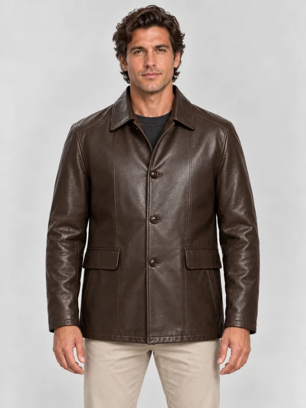 Men's Brown Premium Four Button Car Leather Coat
