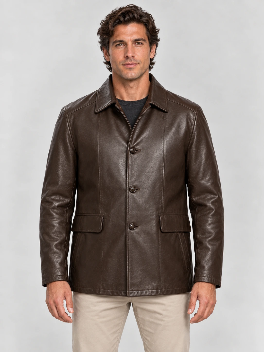 Men's  Brown Premium Four Button Car Leather Coat