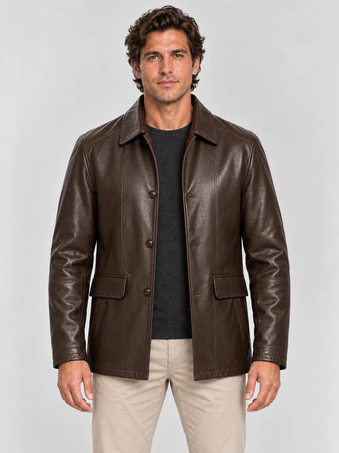 Men's  Brown Premium Four Button Car Leather Coat