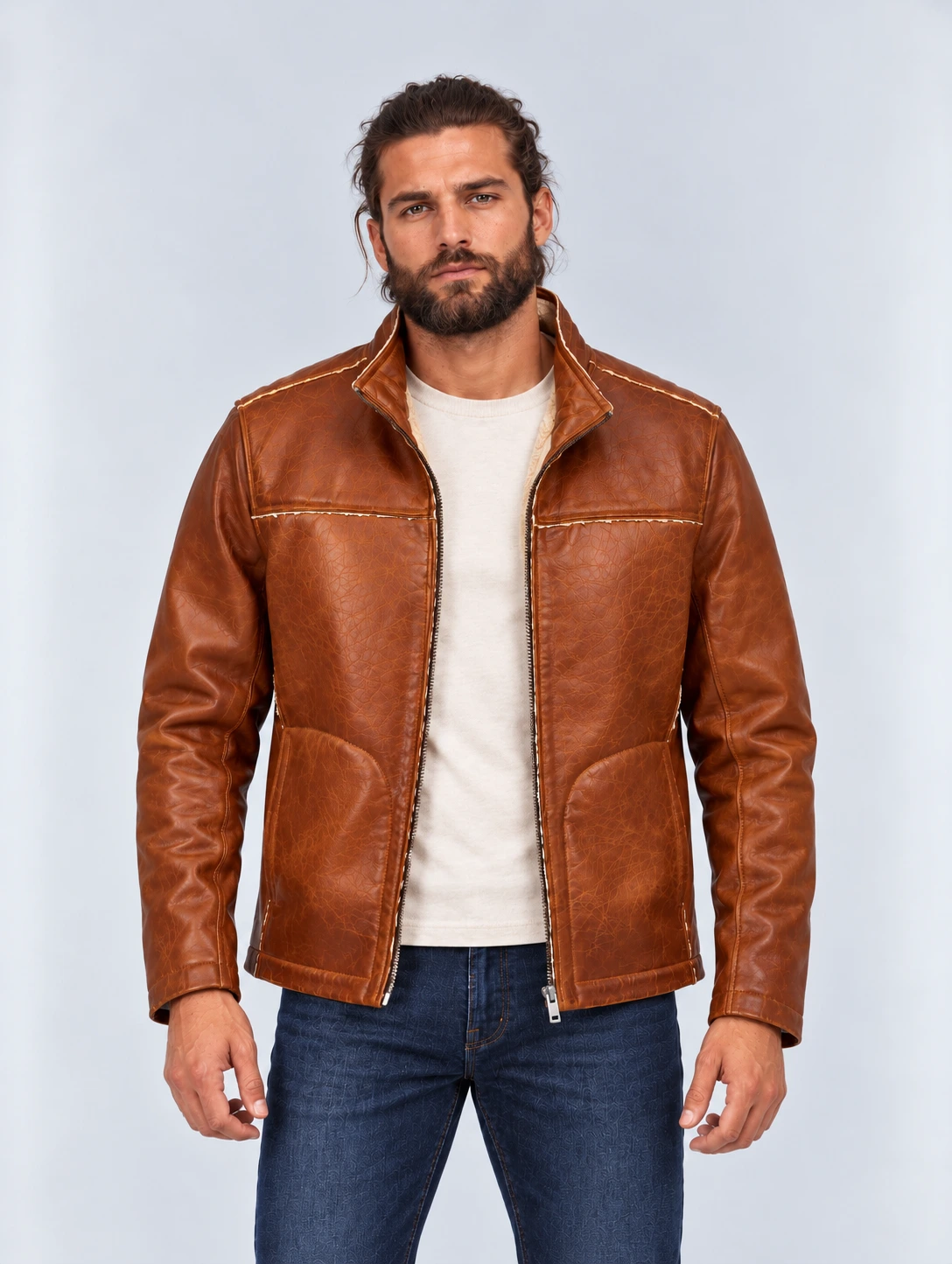 Men's Funnel Collar Leather jacket
