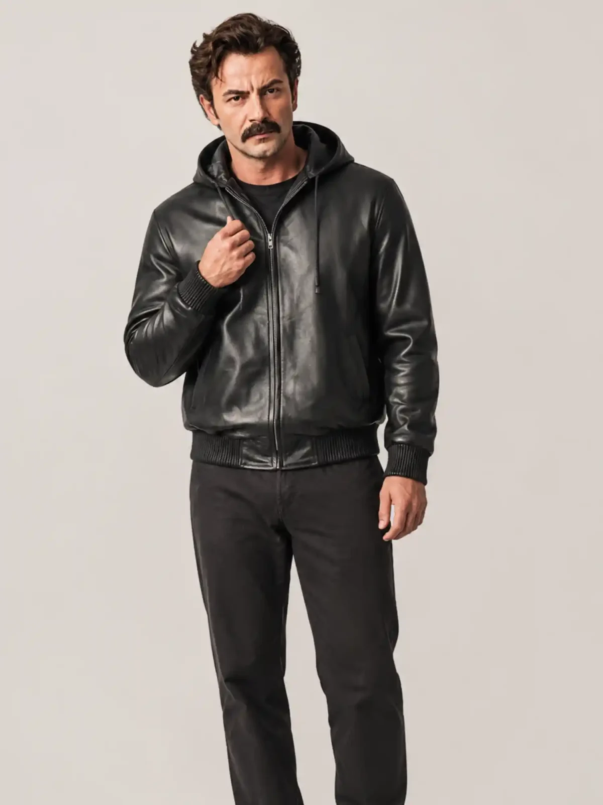 Men's Black Hoodie Leather Jacket