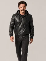 Men's Black Hoodie Leather Jacket